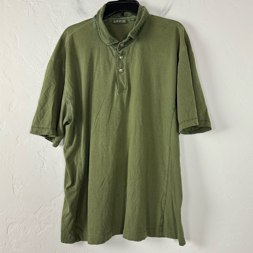 Orvis Polo Shirt Knit Top Solid Green Short Sleeve Collared Button Down Cotton